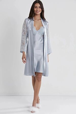 Pierre Cardin Saten Dantelli Gecelik ve Sabahlık Takımı 4025 - Mist