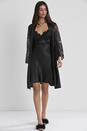 Pierre Cardin Saten Dantelli Gecelik ve Sabahlık Takımı 4025 - Siyah