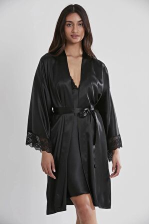 Pierre Cardin Saten Dantelli Gecelik ve Sabahlık Takımı 4250 - Siyah