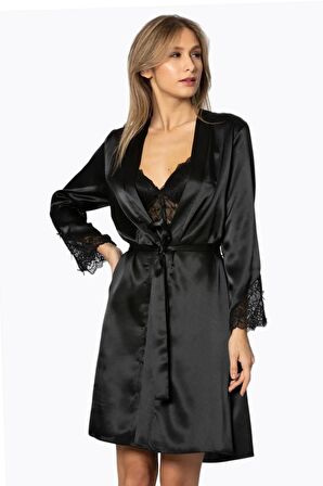 Pierre Cardin Saten Dantelli Gecelik Ve Sabahlık Takımı 4300 - Siyah