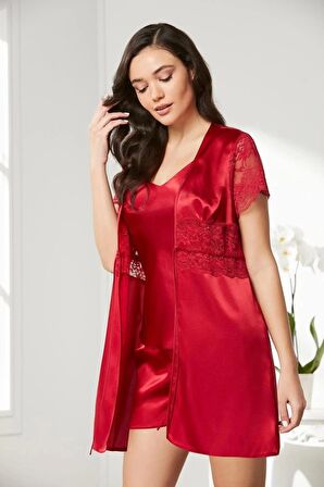 Pierre Cardin Saten Dantelli 3'lü Şort Kombi Sabahlık Takımı 2480 - Kırmızı