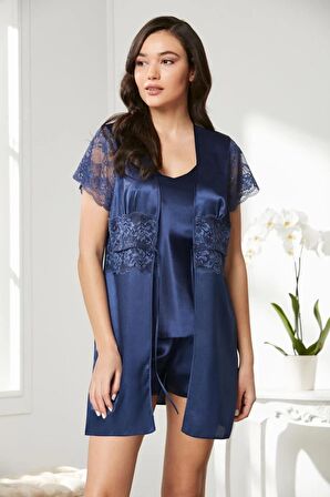 Pierre Cardin Saten Dantelli 3'lü Şort Kombi Sabahlık Takımı 2480 - Lacivert