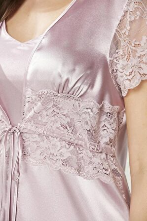 Pierre Cardin Saten Dantelli 3'lü Şort Kombi Sabahlık Takımı 2480 - Rose