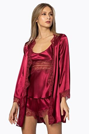 Pierre Cardin Saten Dantelli 3'lü Şort Kombi Sabahlık Takımı 2490 - Bordo