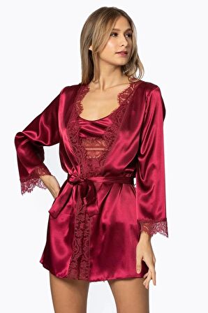 Pierre Cardin Saten Dantelli 3'lü Şort Kombi Sabahlık Takımı 2490 - Bordo