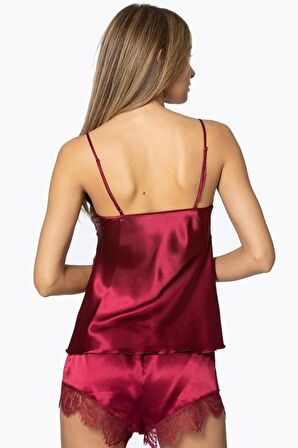 Pierre Cardin Saten Dantelli 3'lü Şort Kombi Sabahlık Takımı 2490 - Bordo