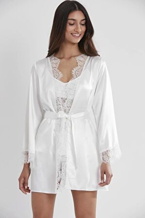 Pierre Cardin Saten Dantelli 3'lü Şort Kombi Sabahlık Takımı 2490 - Ekru