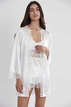 Pierre Cardin Saten Dantelli 3'lü Şort Kombi Sabahlık Takımı 2490 - Ekru