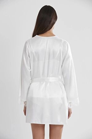 Pierre Cardin Saten Dantelli 3'lü Şort Kombi Sabahlık Takımı 2490 - Ekru