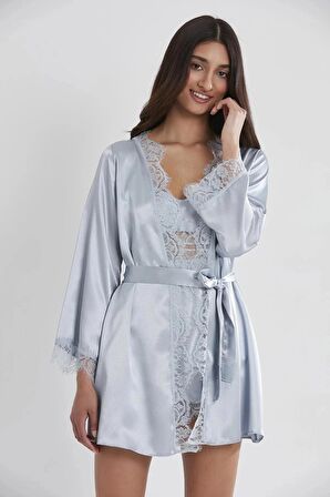 Pierre Cardin Saten Dantelli 3'lü Şort Kombi Sabahlık Takımı 2490 - Mist
