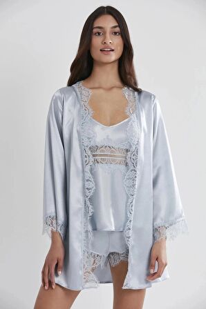 Pierre Cardin Saten Dantelli 3'lü Şort Kombi Sabahlık Takımı 2490 - Mist