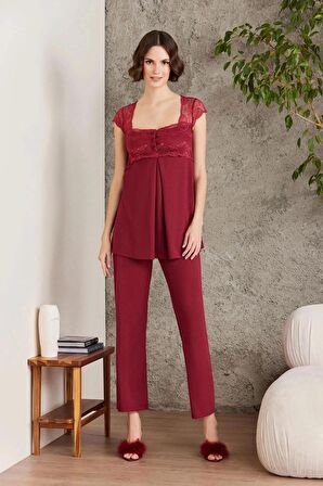 Pierre Cardin Dantelli Penye 3'lü Kadın Lohusa Pijama Takımı 2805 - Bordo