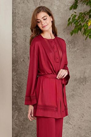 Pierre Cardin Dantelli Penye 3'lü Kadın Pijama Takımı 2800 - Bordo