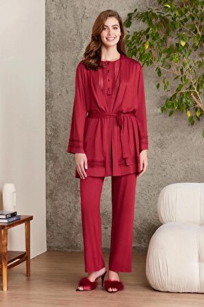Pierre Cardin Dantelli Penye 3'lü Kadın Pijama Takımı 2800 - Bordo