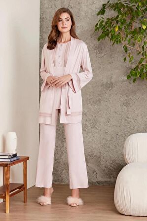 Pierre Cardin Dantelli Penye 3'lü Kadın Pijama Takımı 2800 - Pudra