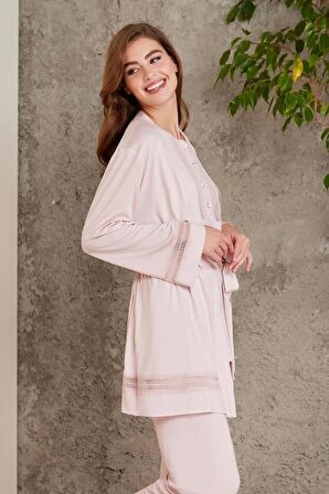 Pierre Cardin Dantelli Penye 3'lü Kadın Pijama Takımı 2800 - Pudra