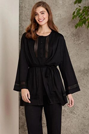 Pierre Cardin Dantelli Penye 3'lü Kadın Pijama Takımı 2800 - Siyah