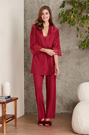 Pierre Cardin Dantelli Penye 3'lü Kadın Pijama Takımı 2820 - Bordo