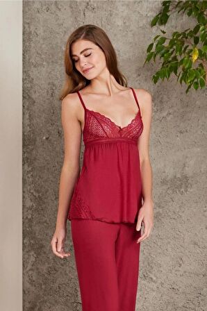 Pierre Cardin Dantelli Penye 3'lü Kadın Pijama Takımı 2820 - Bordo