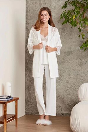 Pierre Cardin Dantelli Penye 3'lü Kadın Pijama Takımı 2820 - Ekru