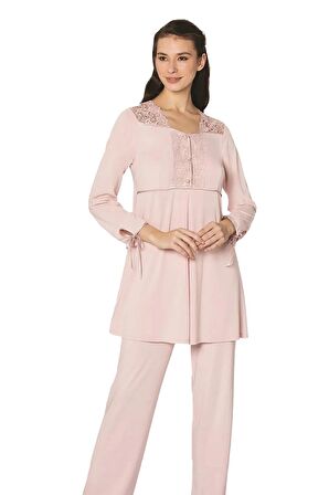 Pierre Cardin Dantelli Penye 3'lü Kadın Pijama Takımı 3050 - Pudra