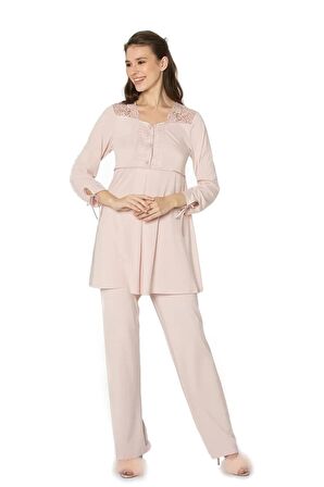 Pierre Cardin Dantelli Penye 3'lü Kadın Pijama Takımı 3050 - Pudra