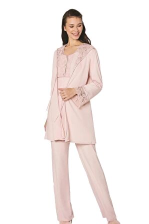 Pierre Cardin Dantelli Penye 3'lü Kadın Pijama Takımı 3050 - Pudra