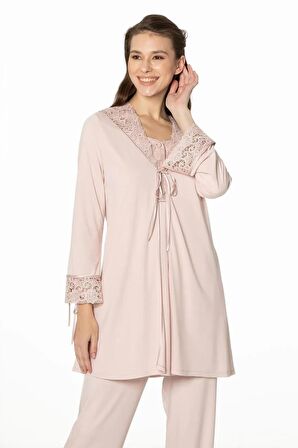 Pierre Cardin Dantelli Penye 3'lü Kadın Pijama Takımı 3050 - Pudra