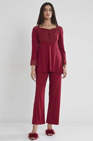 Pierre Cardin Kadın Penye Dantelli Pijama Takımı 1241 - Bordo