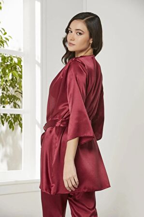 Pierre Cardin Saten 3'lü Crop'lu Kadın Pijama Takımı 2075 - Bordo