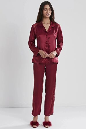 Pierre Cardin Saten Dantelli Pijama Takımı 1438 - Bordo