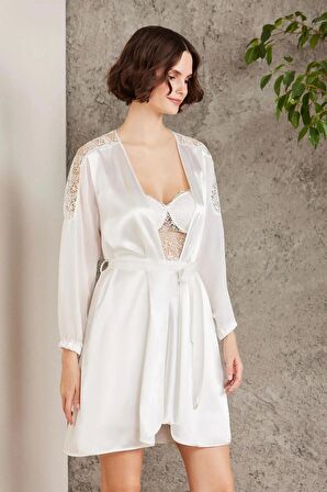 Pierre Cardin 6'lı Saten Gecelik Sabahlık Takım Çeyiz Seti 6005 - Ekru