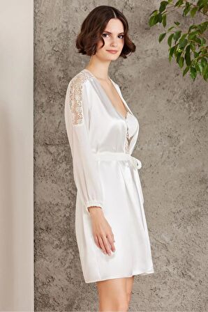 Pierre Cardin 6'lı Saten Gecelik Sabahlık Takım Çeyiz Seti 6005 - Ekru