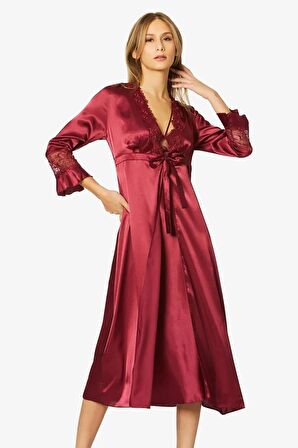 Pierre Cardin 6'lı Saten Gecelik Sabahlık Takım Çeyiz Seti 6025 - Bordo