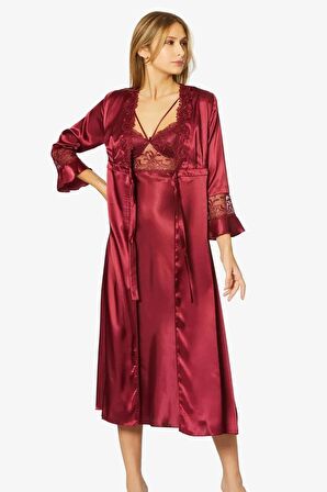 Pierre Cardin 6'lı Saten Gecelik Sabahlık Takım Çeyiz Seti 6025 - Bordo