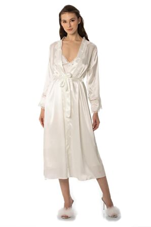 Pierre Cardin 6'lı Saten Gecelik Sabahlık Takım Çeyiz Seti 6960 - Ekru