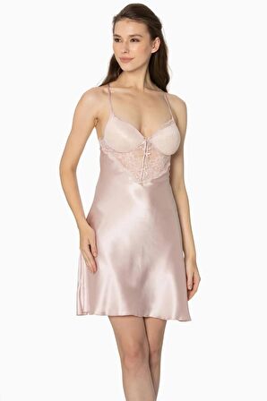 Pierre Cardin Saten Dantelli Gecelik Ve Sabahlık Takımı 4300 - Pudra