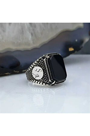 Erkek Gümüş Yüzük - Harf Yazılabilir Oniks Taşlı Erkek Yüzük