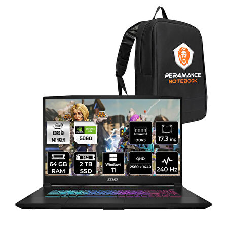 MSI Katana 17 HX i9-14900HX 64GB 2TB SSD RTX5060/8GB 17.3'' 2K QHD 240Hz W11H Gaming Laptop B14WFK