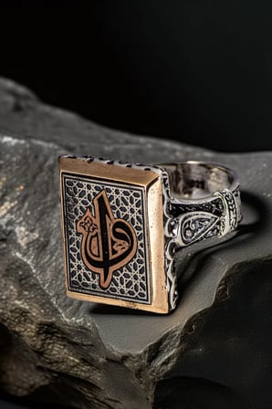 Erkek Vav Elif İşlemeli Yanı Damla Motifli Dikdörtgen Model 925 Ayar Gümüş Yüzük