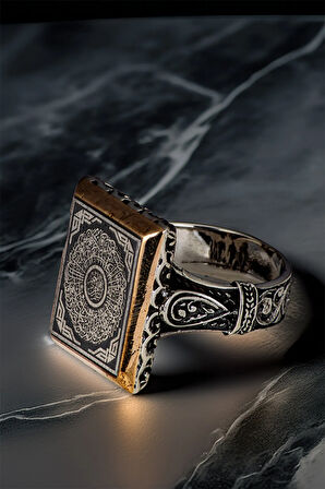 Erkek İnşirah Suresi İşlemeli Dikdörtgen Model Yanı Damla Motifli 925 Ayar Gümüş Yüzük