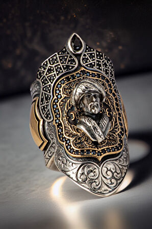 Erkek Mevlana Kabartmalı Siyah Zirkon Taşlı Erkek Gümüş Yüzük Zihgir Model
