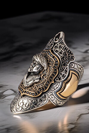 Erkek Mevlana Kabartmalı Siyah Zirkon Taşlı Erkek Gümüş Yüzük Zihgir Model