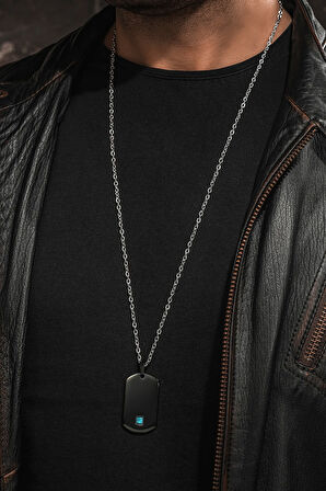 Steel Nova Çelik Erkek Kolye Mavi Zirkon Taşlı Siyah Künye Kararmaz