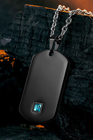 Steel Nova Çelik Erkek Kolye Mavi Zirkon Taşlı Siyah Künye Kararmaz