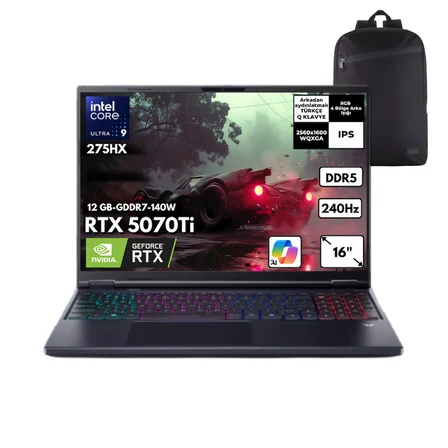 Acer Predator Helios Neo 16 AI Ultra 9-275HX 32-GBDDR5 4 TBSSD RTX5070Ti (12 GB-GDDR7-140W) 16" WQXGA Windows 10 Pro + QB Sırt Çantası NH.QX4EY.003QB29