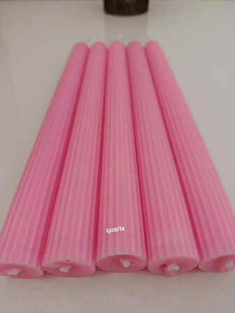 qosrix 5'li Pudra Pembe Şamdan Soya Mumu 1. Kalite Soya Doğal Pudra Kokulu Uzun Çubuk Konik Mum Dekoratif