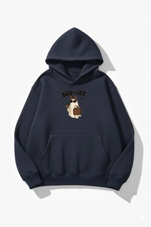 Unisex Yumuşak Dokulu Boo-Jee Ghost Baskılı Tasarım Oversize 3 İplik Hoodie Sweatshirt