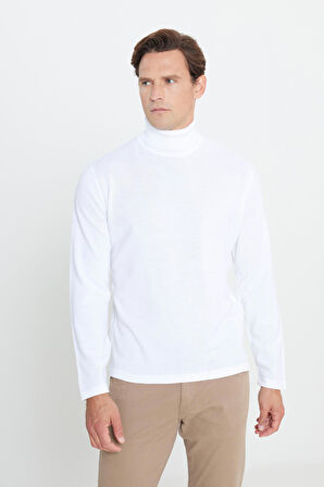 Erkek Ekru Standart Fit Normal Kesim Tam Balıkçı Yaka Triko Kazak