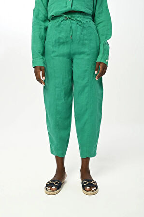 KADIN BELİ LASTİKLİ RAHAT KALIP DÜZ RENK KETEN PANTOLON